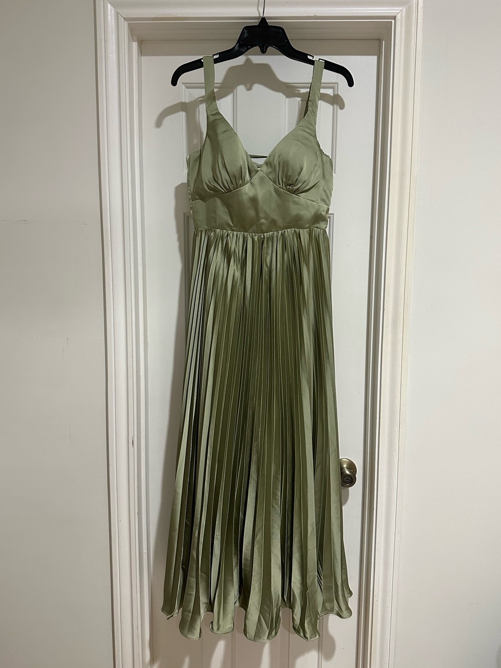 Pleated Satin Midi Dress in Sage Green